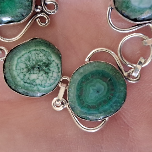New Green Solar Slice Agate Geode 925 Silver Bracelet. - Picture 7 of 10